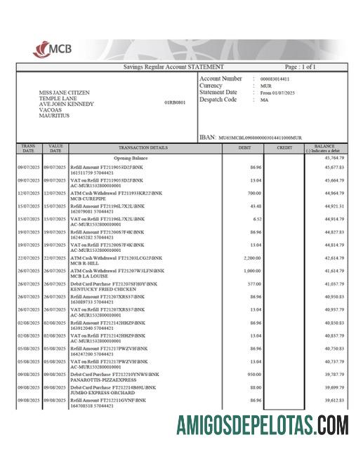Modelo Word e PDF para impressão do extrato da conta do Mauritius Commercial Bank (MCB)